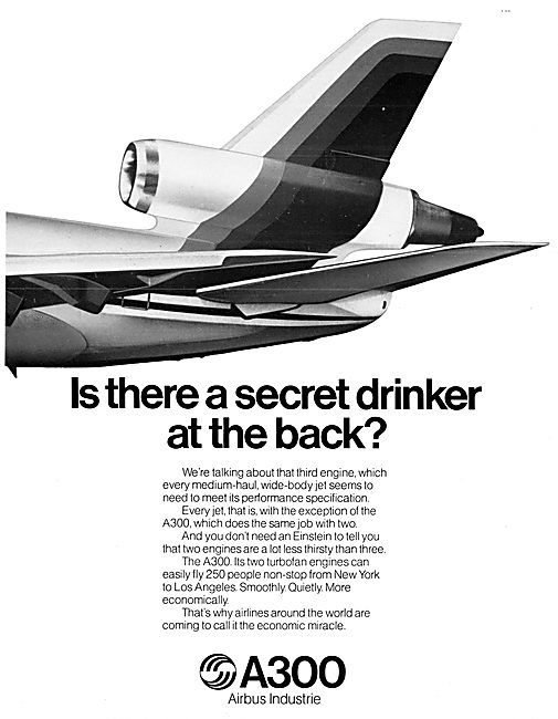 Vintage Airbus A300 advertisement poster asking Is there a secret drinker at the back?