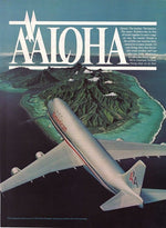 American Airlines Aloha Hawaii vintage airline poster with silver jet over green tropical island