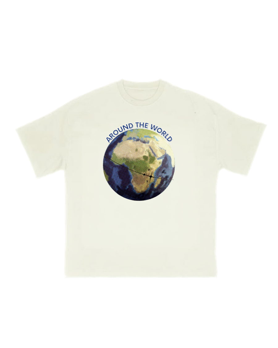 Around the World aviation T-shirt in cream with globe and aircraft graphic