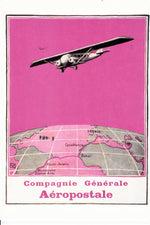 Compagnie Generale Aeropostale vintage French airmail poster with plane above pink Atlantic route map