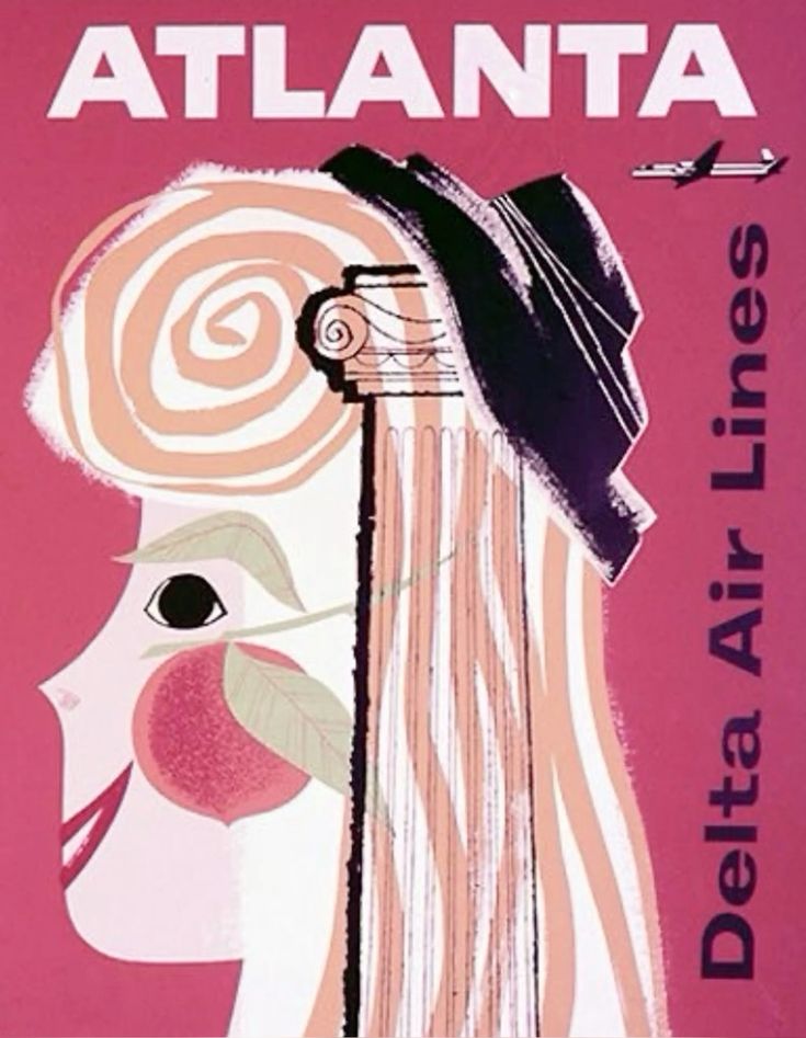 Delta Air Lines Atlanta Pink Vintage Travel Poster