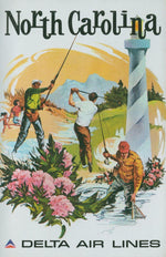 Delta Air Lines North Carolina vintage travel poster with lighthouse fishing and golf
