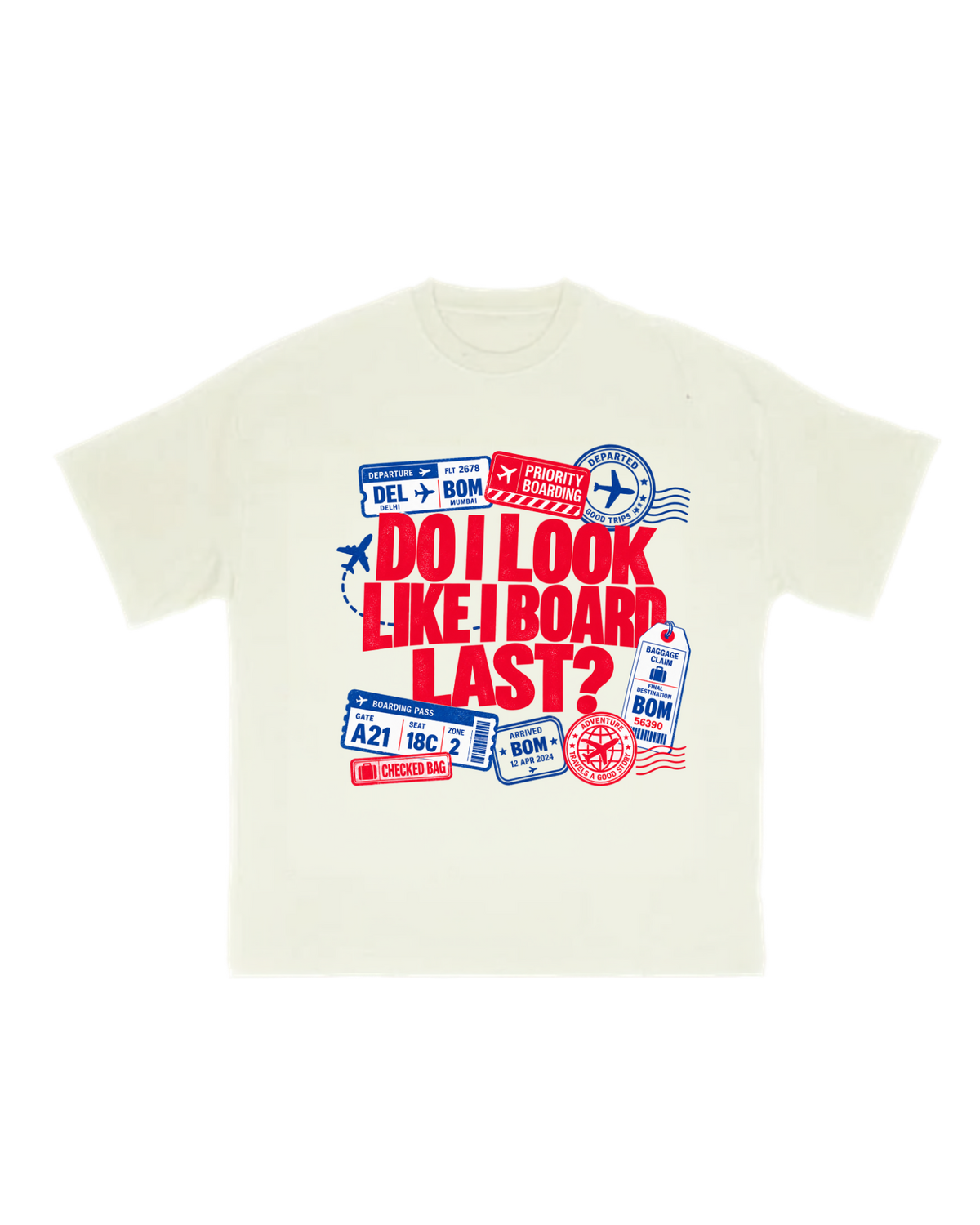 Cream Nymbus aviation T-shirt with red and blue boarding pass graphic reading Do I Look Like I Board Last?