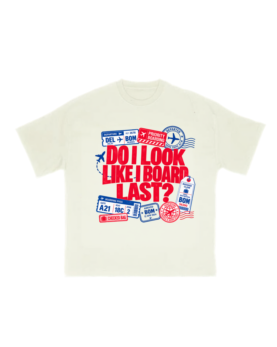 Cream Nymbus aviation T-shirt with red and blue boarding pass graphic reading Do I Look Like I Board Last?