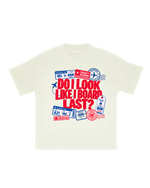 Cream Nymbus aviation T-shirt with red and blue boarding pass graphic reading Do I Look Like I Board Last?