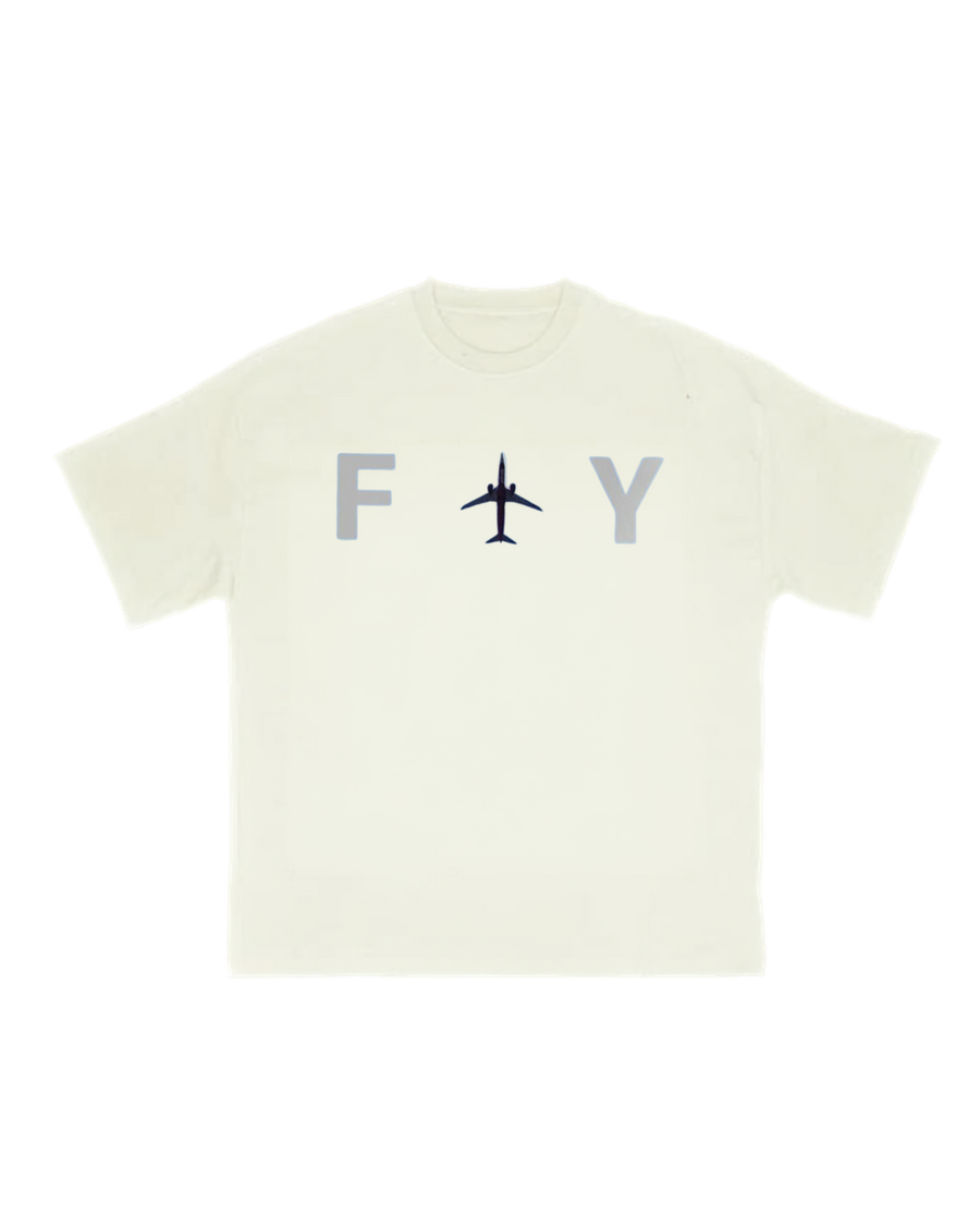 Cream FLY aviation T-shirt with aircraft silhouette graphic