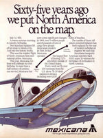 1986 vintage Mexicana Airlines sixty-five years North America aviation advertisement poster