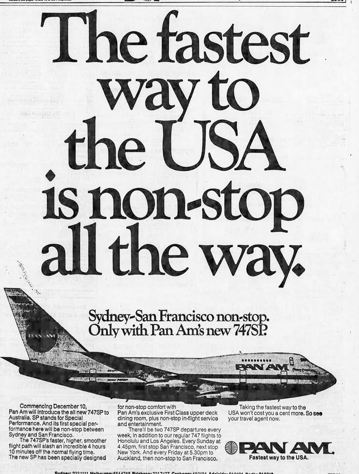 Pan Am Boeing 747SP “Fastest Way to the USA” Vintage Aviation Poster