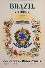 Pan Am Brazil by Clipper vintage travel poster Brazil coat of arms Rio Christ Redeemer