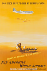 Pan Am Clipper Cargo desert yellow vintage advertisement aircraft and camel caravan