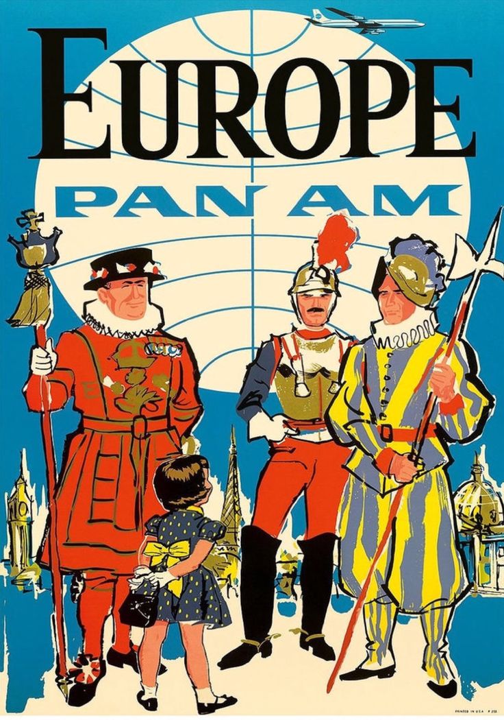 Pan Am Europe Vintage Airline Travel Poster