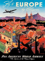 Pan American World Airways Fly to Europe by Clipper vintage town and airplane poster
