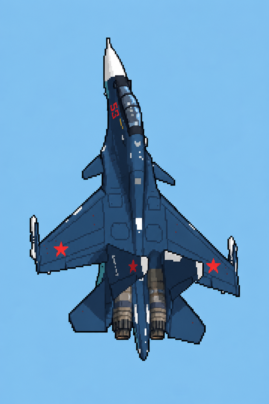 Minimal pixel-art fighter jet number 53 aviation poster on a light blue background