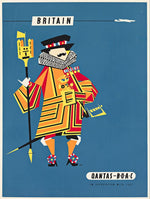 Qantas and BOAC Britain vintage blue travel poster of ceremonial London Yeoman Warder