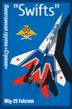 Retro blue Swifts MiG-29 Fulcrum aviation poster with bold Russian aerobatic team graphics