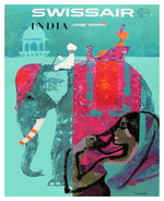 Swissair to India vintage elephant and mahout turquoise travel art poster