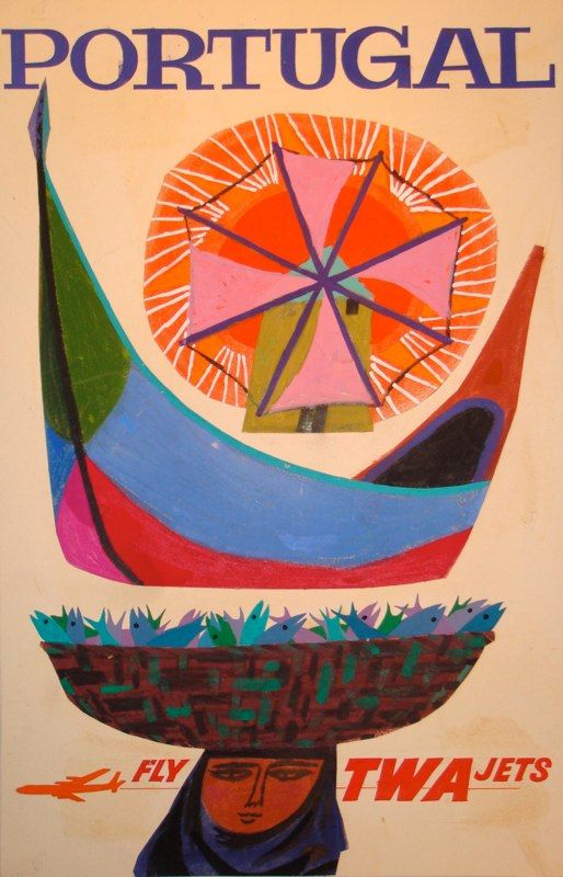 TWA Portugal Fishing Boat Vintage Travel Poster