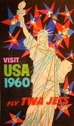TWA Visit USA 1960 vintage David Klein Statue of Liberty airline jet travel poster
