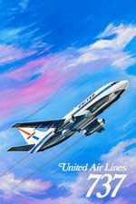 Vintage United Air Lines Boeing 737 aviation poster in a painted blue and pink sky