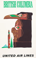 United Air Lines British Columbia vintage stylized carved totem figure travel poster