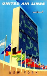United Air Lines New York vintage UN headquarters and international flags poster