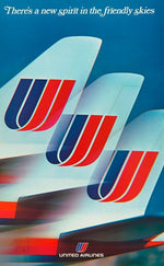 United Airlines friendly skies vintage blue poster with three red and blue aircraft tails