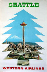 Western Airlines Seattle Space Needle vintage travel poster blue evergreen tree